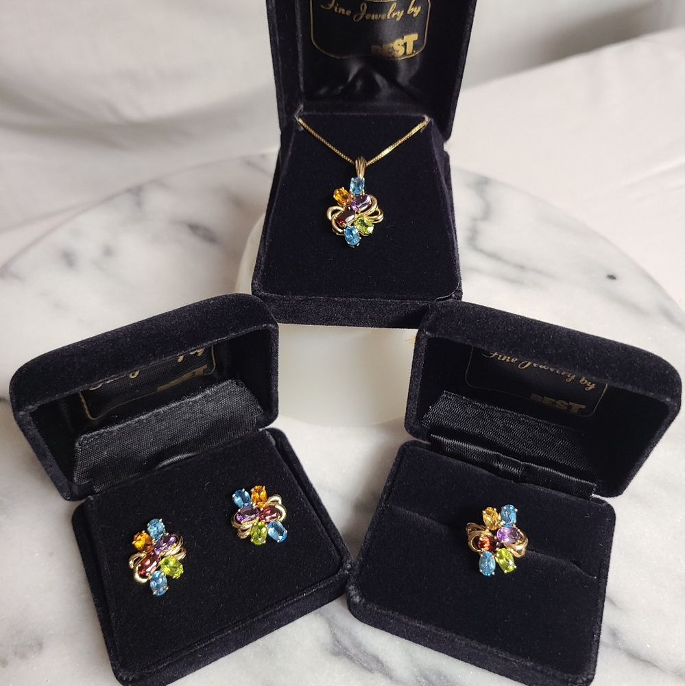80s Vintage 14kt Gold   Semi-precious Gemstone Cluster Ring Pendant RARE SET